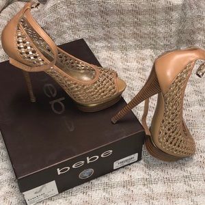 Bebe Tan Peep Toe Heels